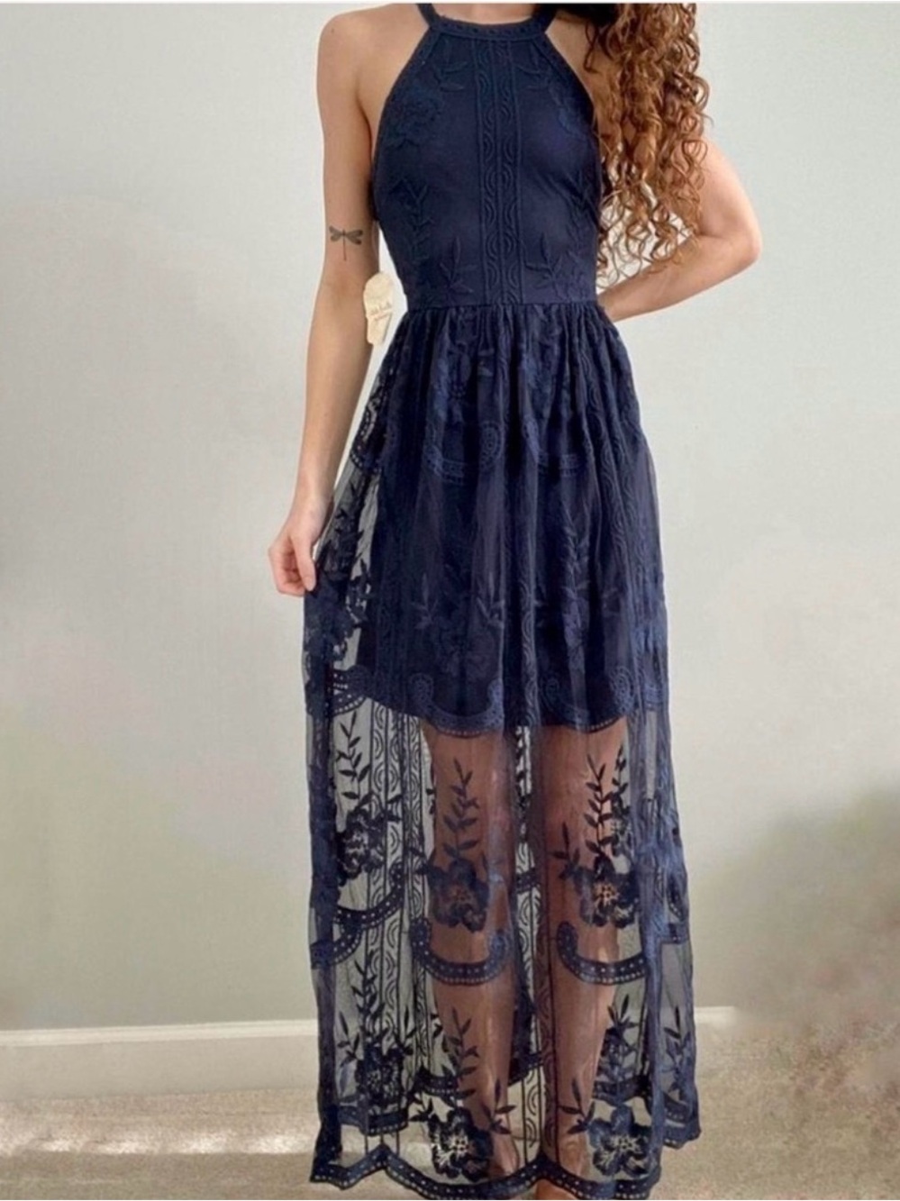 ALTAR’D STATE Navy Embroidered Lace Halter Maxi Dress Boho Formal Size Small NWT